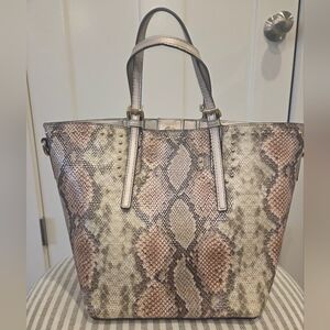 Calvin Klein Metallic Snake-Print Tote in Taupe and Pale Pink